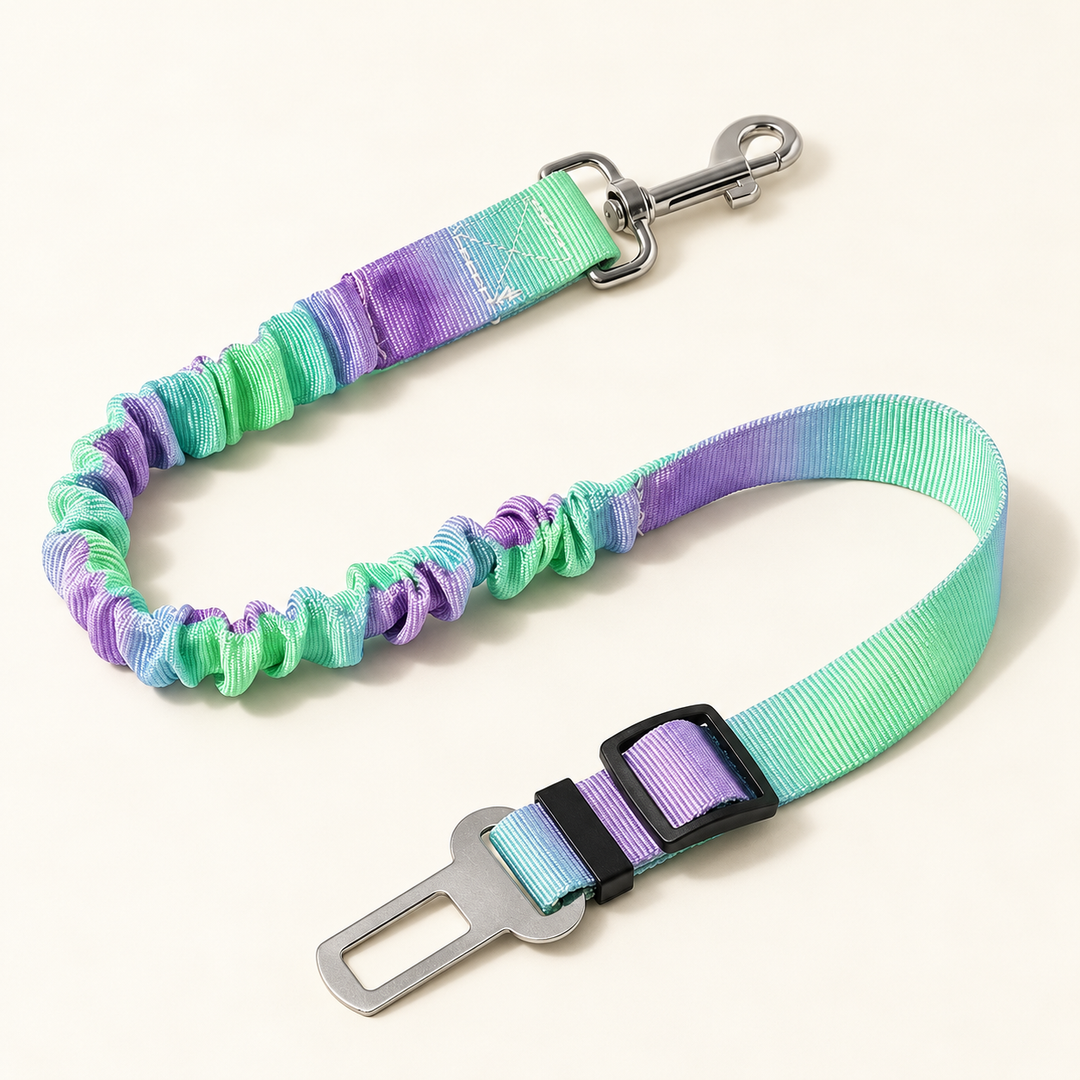 Green and purple tie-dye car tether with silver snap and tongue and black length adjuster