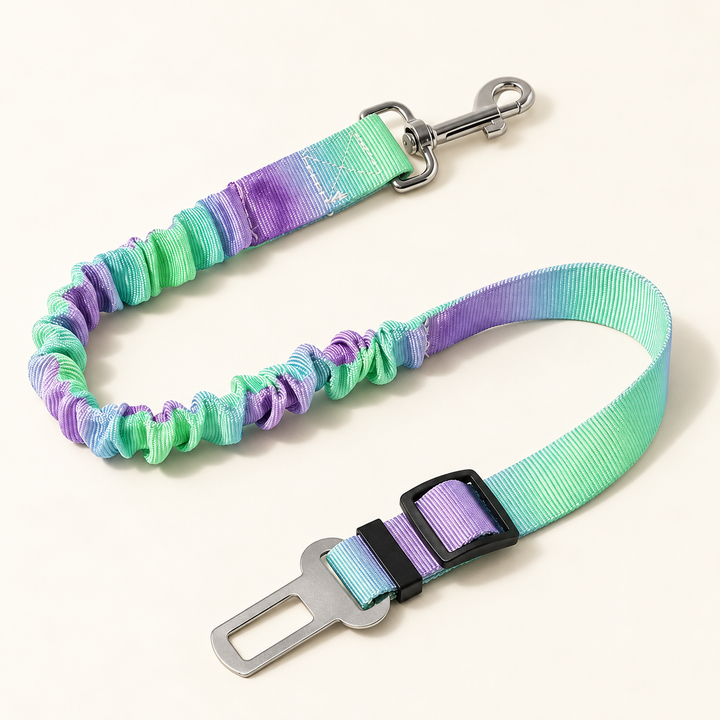 Green and purple tie-dye car tether with silver snap and tongue and black length adjuster