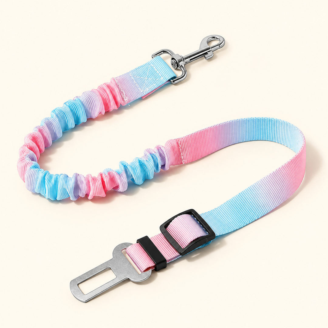 Pink-blue tie-dye car tether with silver snap and tongue and black length adjuster