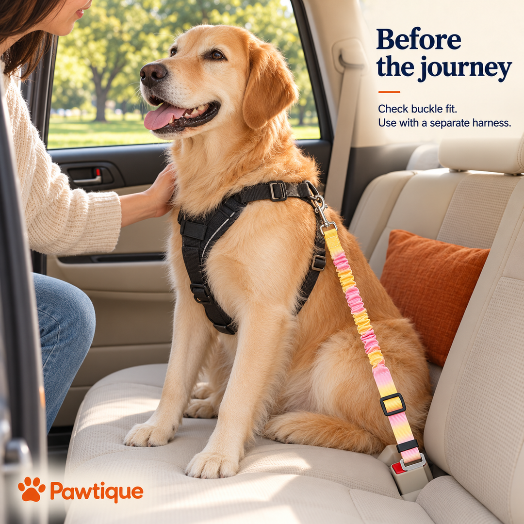 Pink-yellow tether connects a separate dog harness to a buckle in a parked car; check vehicle compatibility