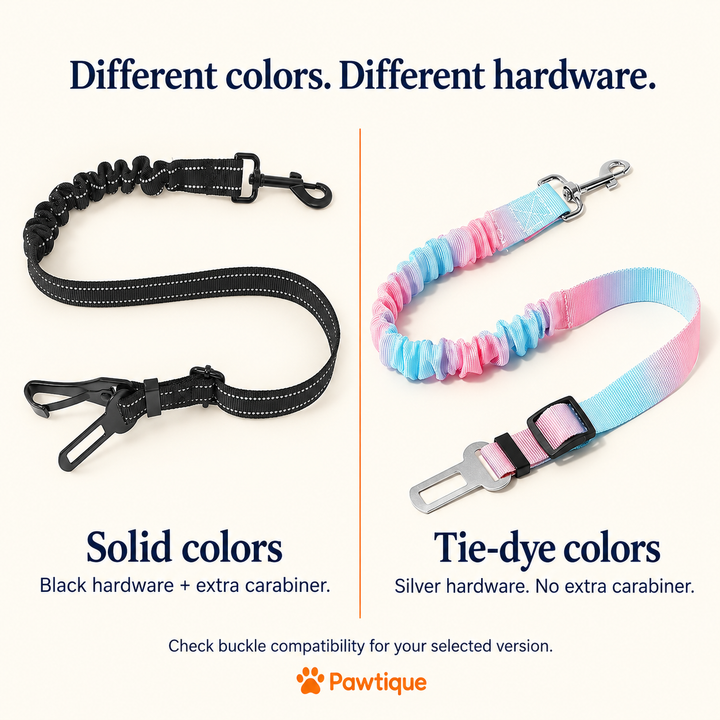 Solid-color black hardware and extra carabiner compared with tie-dye silver hardware without the extra carabiner