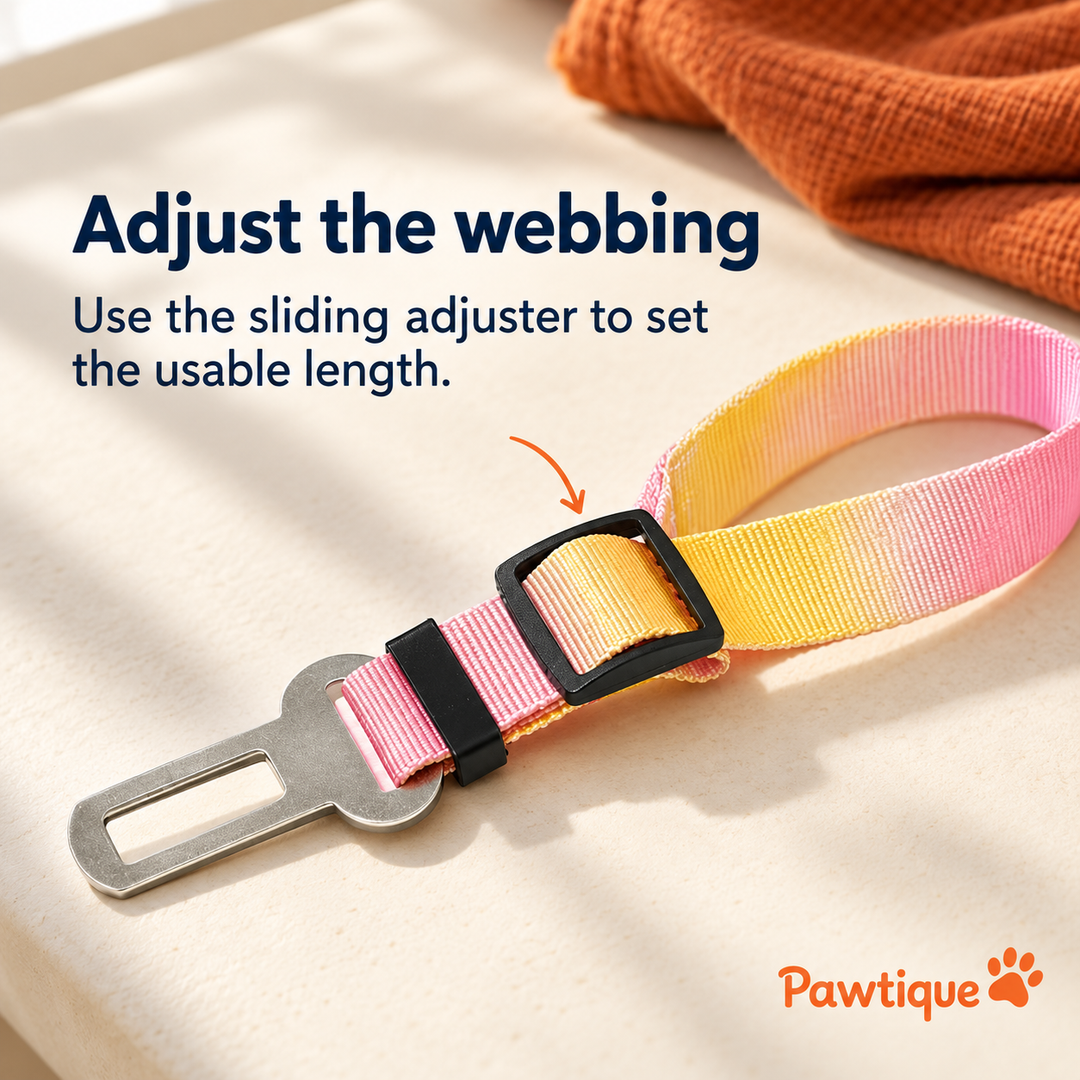 Black sliding adjuster on pink-yellow tie-dye webbing sets usable tether length