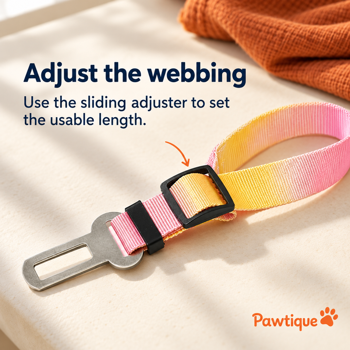 Black sliding adjuster on pink-yellow tie-dye webbing sets usable tether length