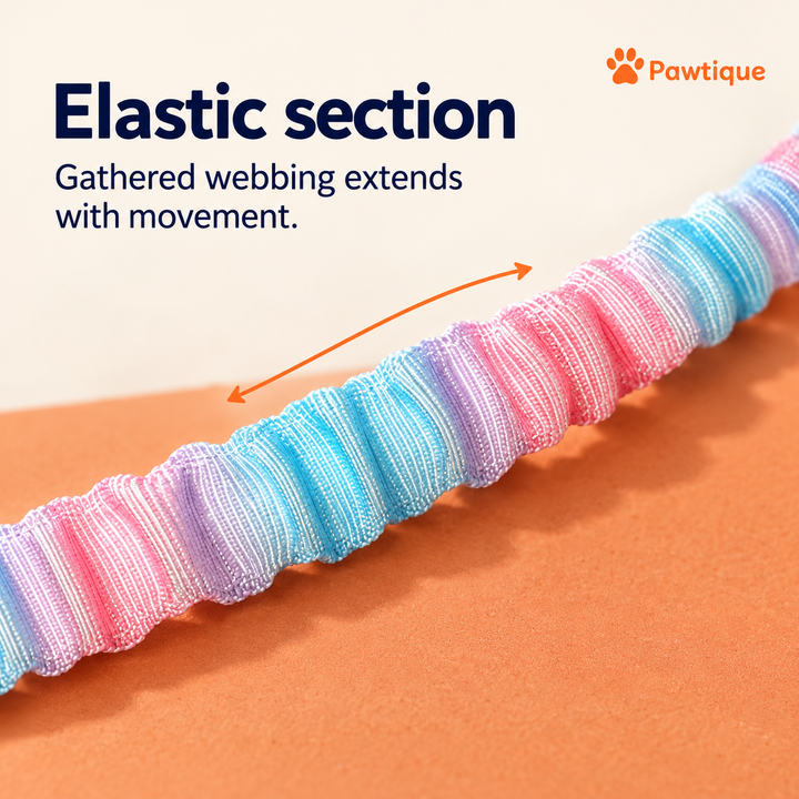 Pink-blue gathered elastic webbing detail; bungee section extends with movement