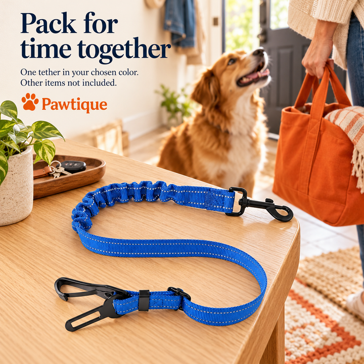 Blue car tether on an entryway bench before a dog outing; other travel items are not included