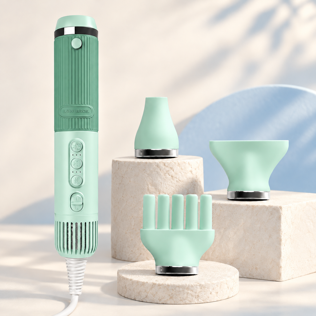 Green AeroGroom dryer with authentic L&amp;W BROS. badge and concentrator, flat and five-finger nozzles