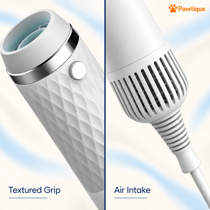 Close-up of the white AeroGroom diamond-textured grip, round head button and lower air-intake grille