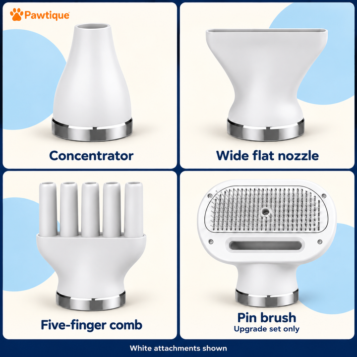 White concentrator, flat nozzle, five-finger comb and pin brush; pin brush is included only in the Upgrade set