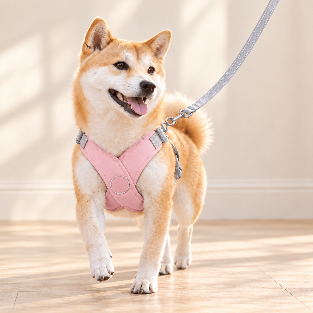 Pink AirCross padded harness worn by a dog, with gray leash