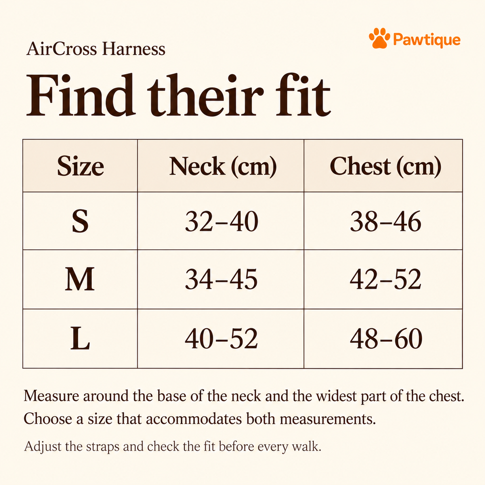 AirCross size guide with body neck and chest ranges in centimeters