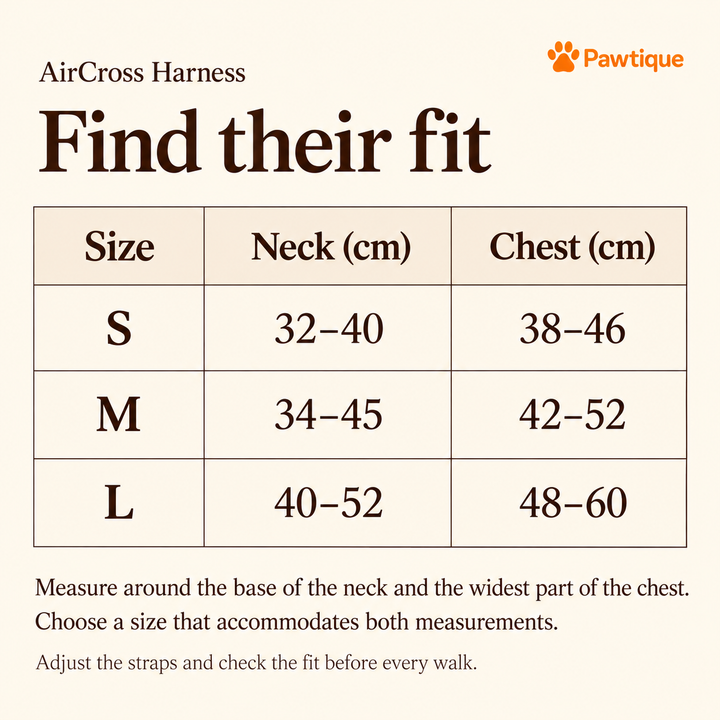AirCross size guide with body neck and chest ranges in centimeters