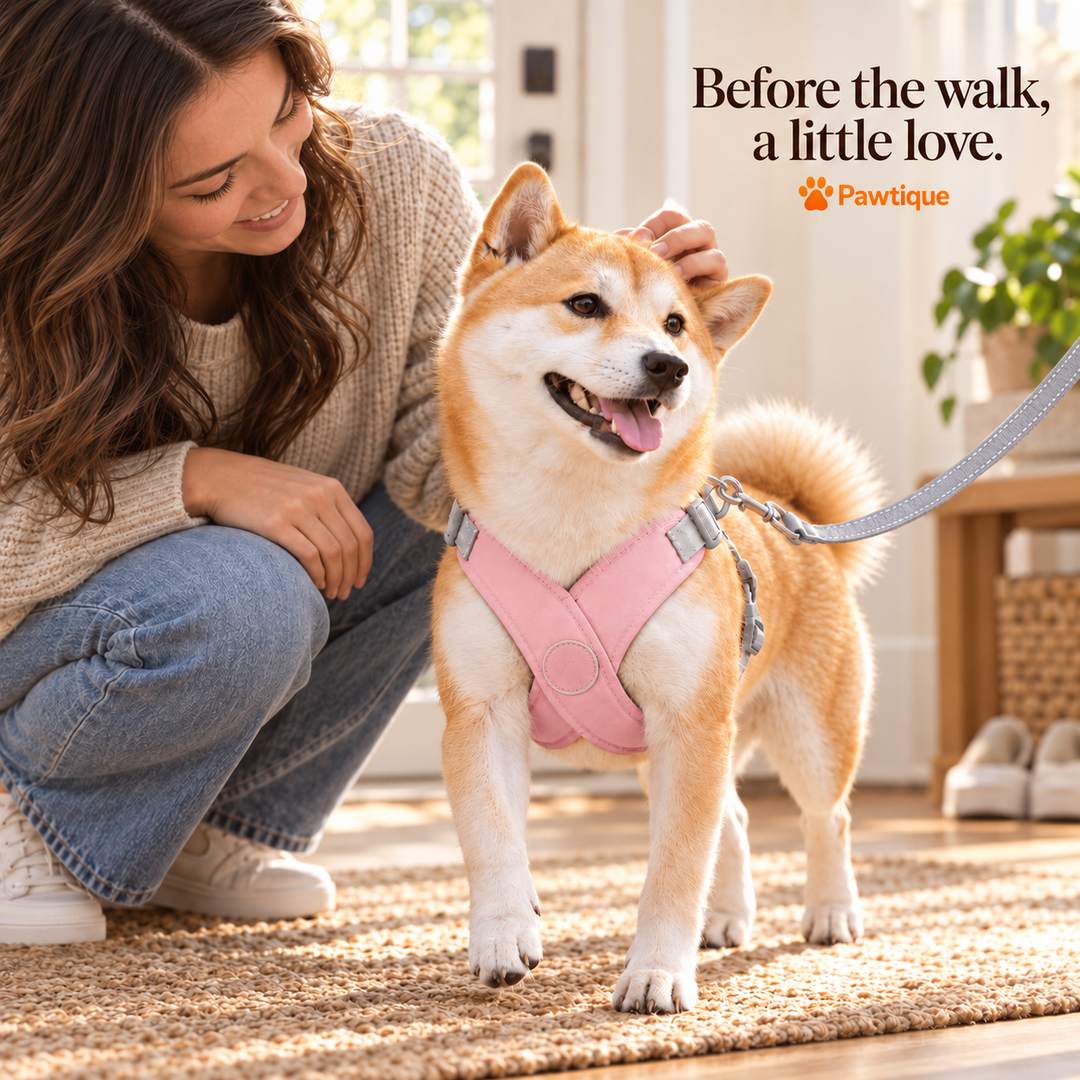 A quiet moment before a walk with the pink AirCross harness
