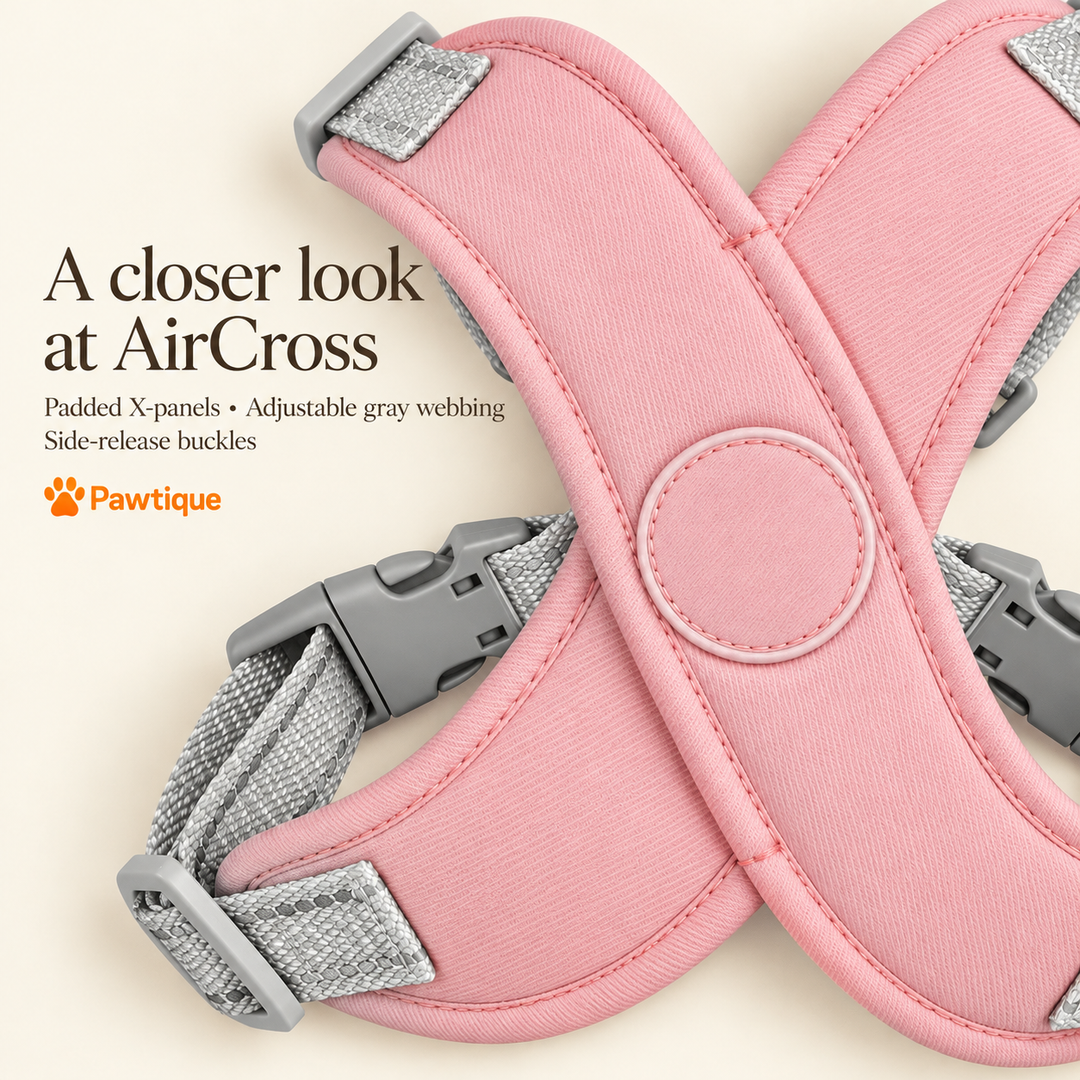 AirCross pink padded X-panels, gray adjustable webbing and side-release buckle detail