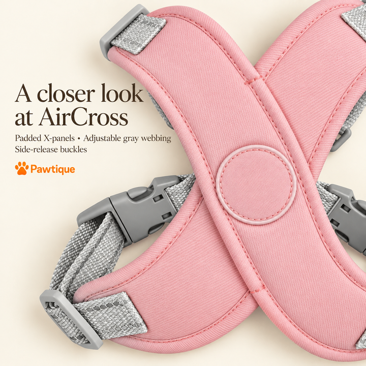 AirCross pink padded X-panels, gray adjustable webbing and side-release buckle detail