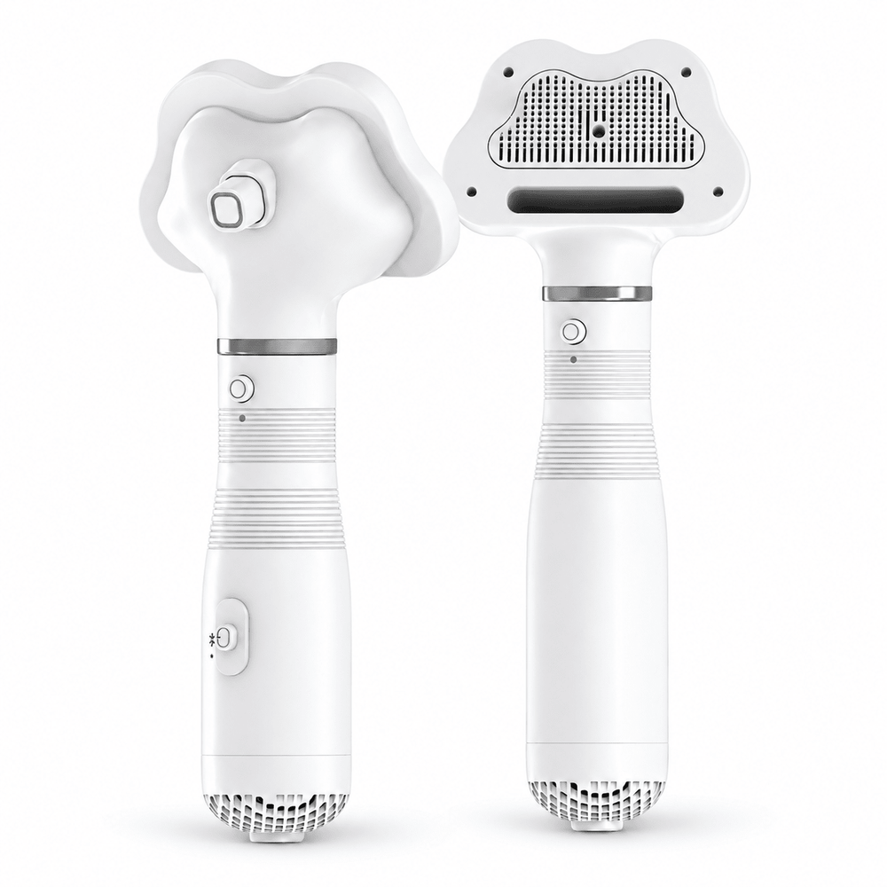 White AirGroom dryer brush, front and rear views of one tool