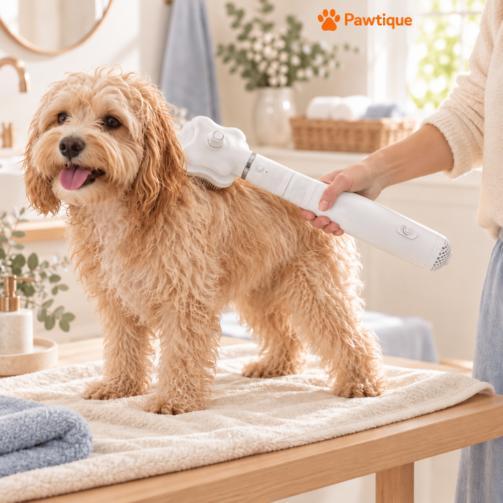 White AirGroom dryer brush used on a dog coat