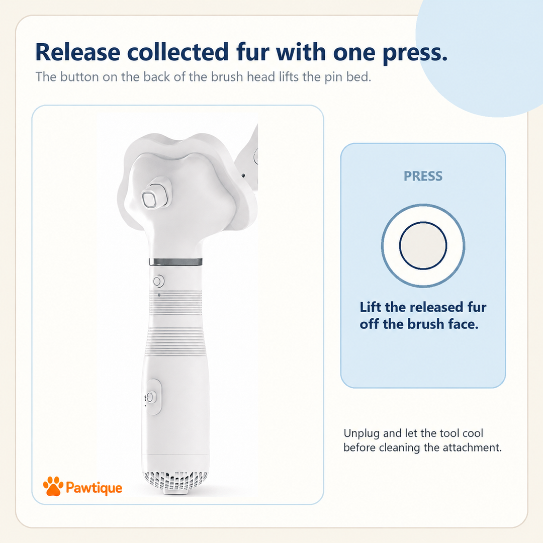 AirGroom brush-head button for releasing collected fur