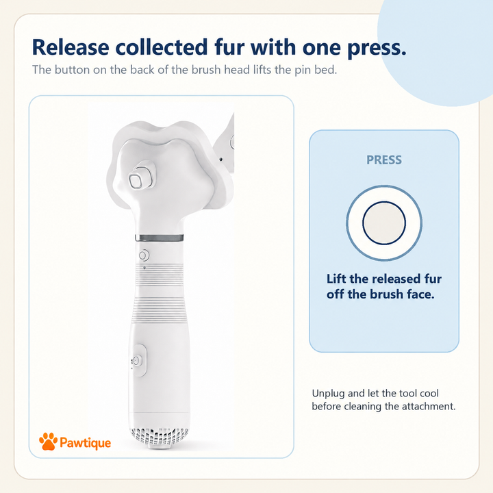 AirGroom brush-head button for releasing collected fur