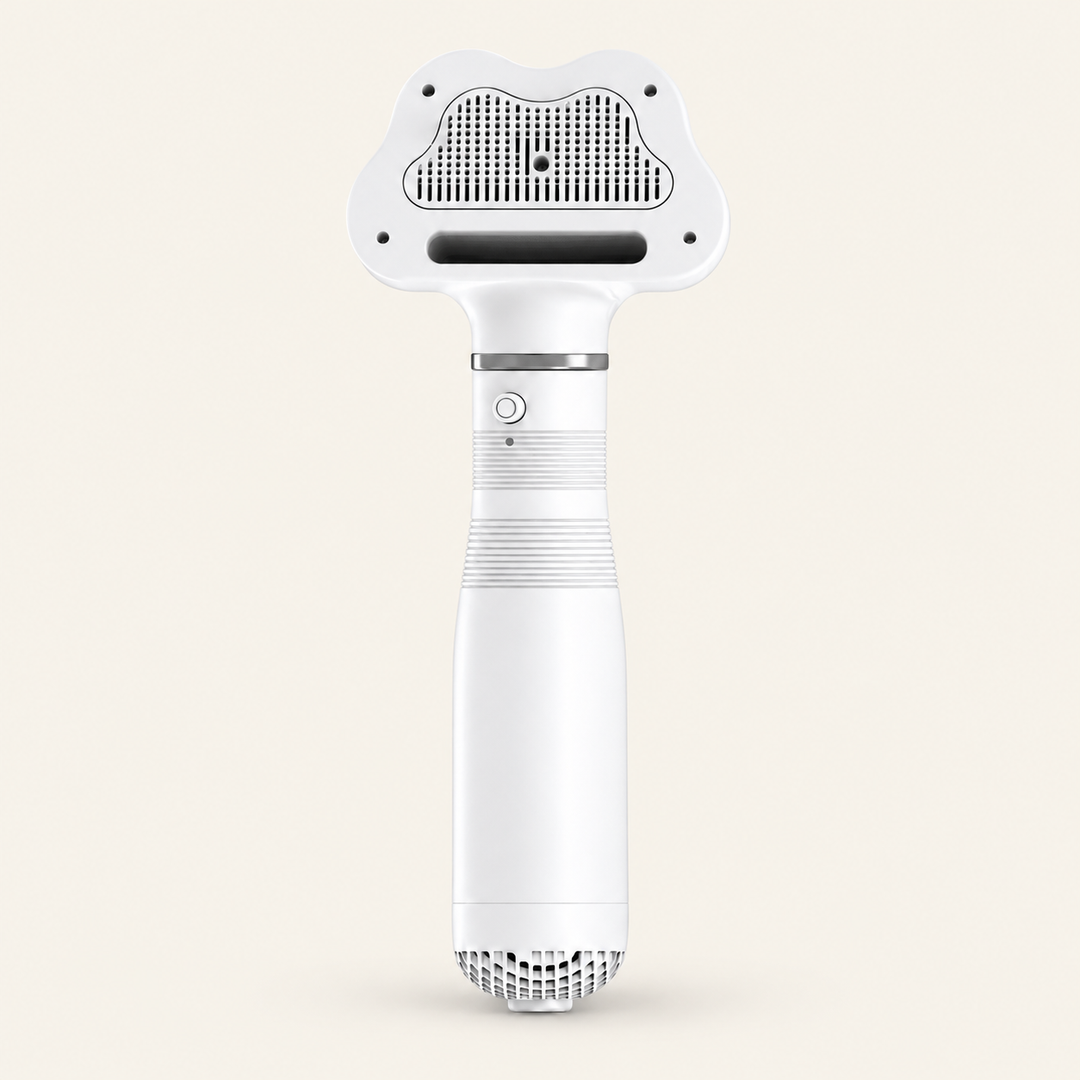 White AirGroom dryer brush shown as one front-facing tool on a soft cream background