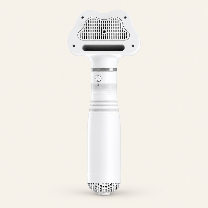 White AirGroom dryer brush shown as one front-facing tool on a soft cream background