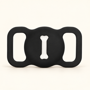 Black silicone AirTag-compatible collar holder with two loops and bone-shaped front opening