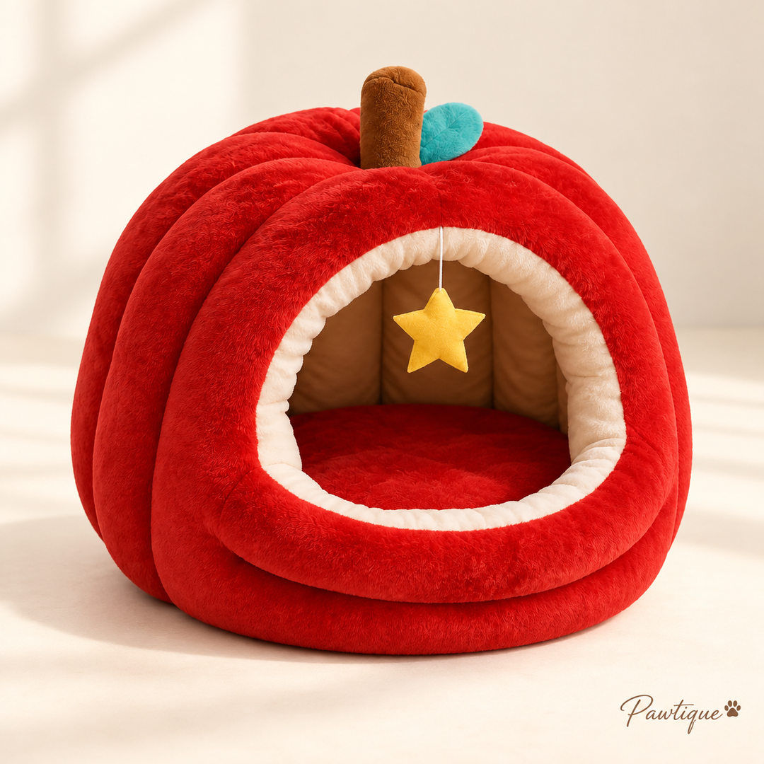 Pawtique red apple-shaped plush cat cave bed