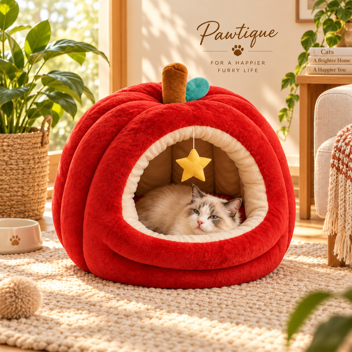 Cat resting in Pawtique apple-shaped cave bed in a sunny living room