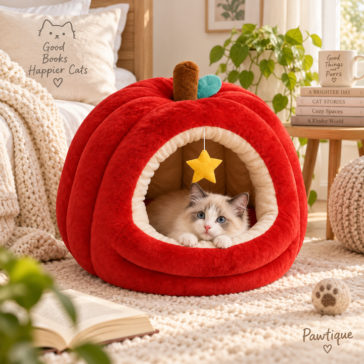 Kitten in Pawtique apple-shaped cat cave in a bedroom