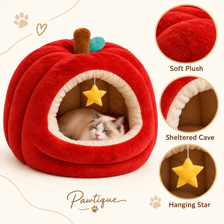 Pawtique apple cat cave plush entrance and hanging star features