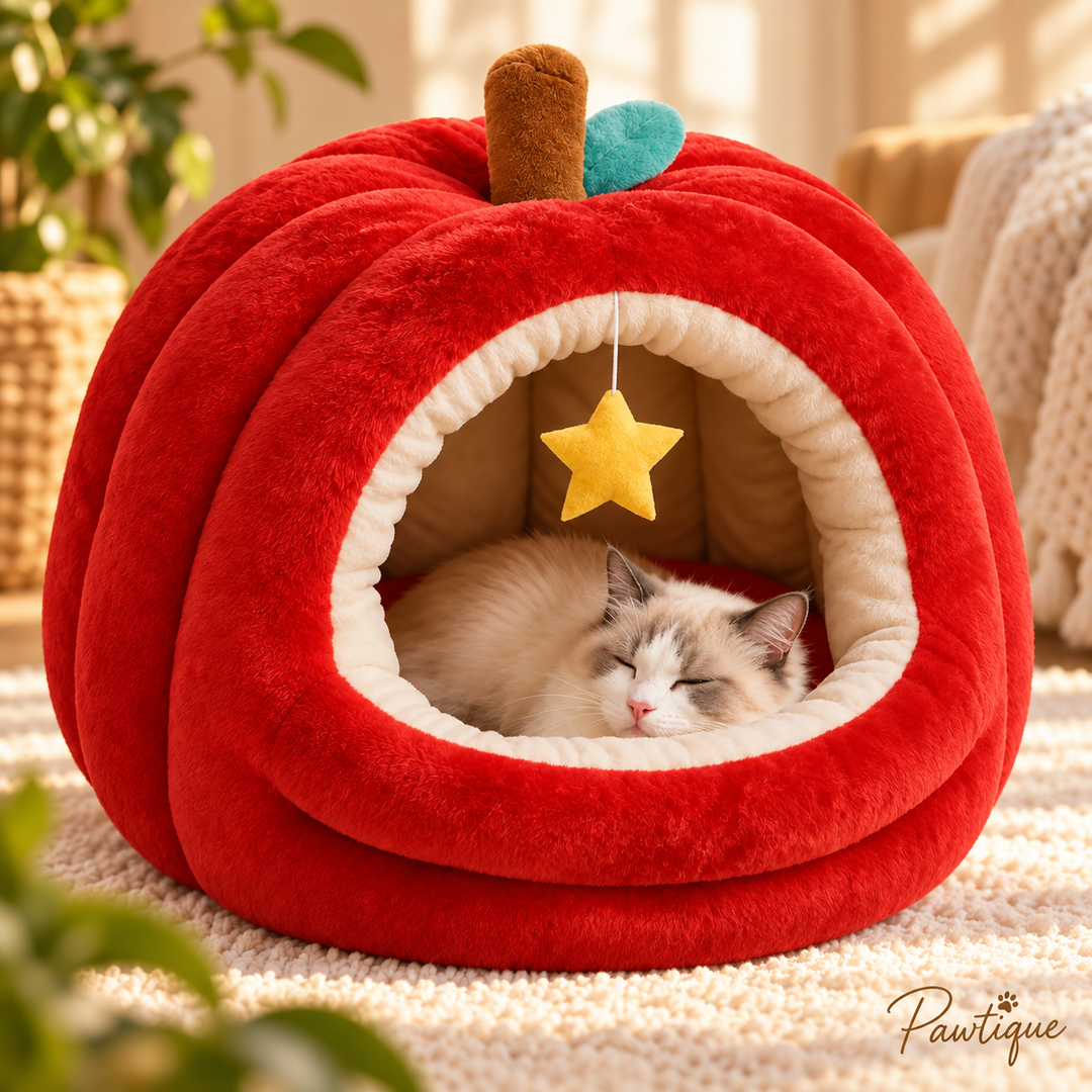 Close-up of Pawtique apple cat cave plush details