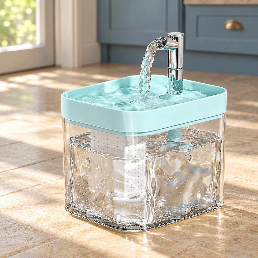 Blue AquaArc fountain in a naturally lit home setting, with its original tank, top tray and outlet configuration.