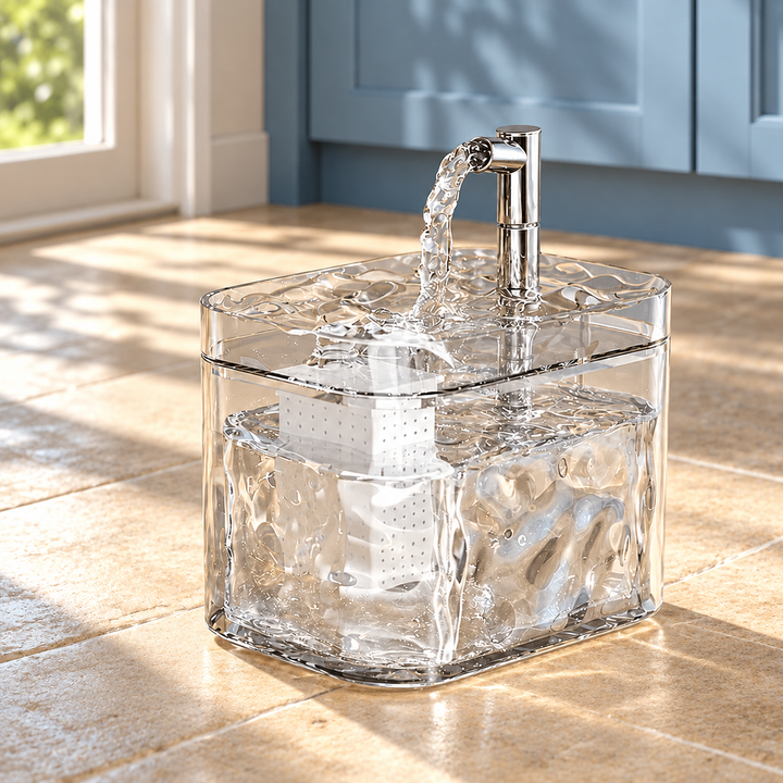 Transparent AquaArc fountain in a naturally lit home setting, with its original tank, top tray and outlet configuration.