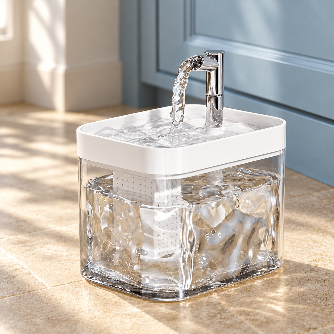 White AquaArc fountain in a naturally lit home setting, with its original tank, top tray and outlet configuration.