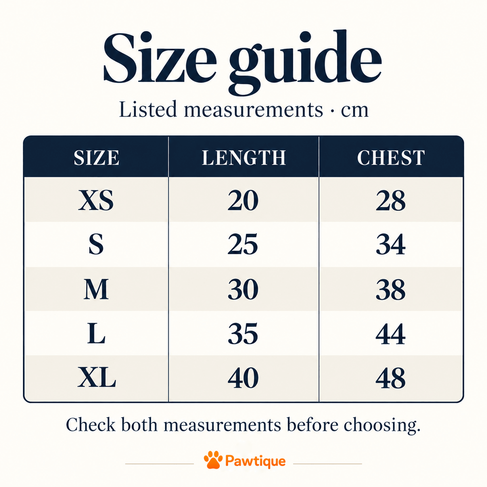 Pawtique Beartrail existing centimeter size guide
