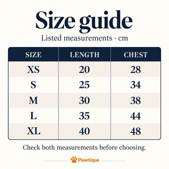 Pawtique Beartrail existing centimeter size guide