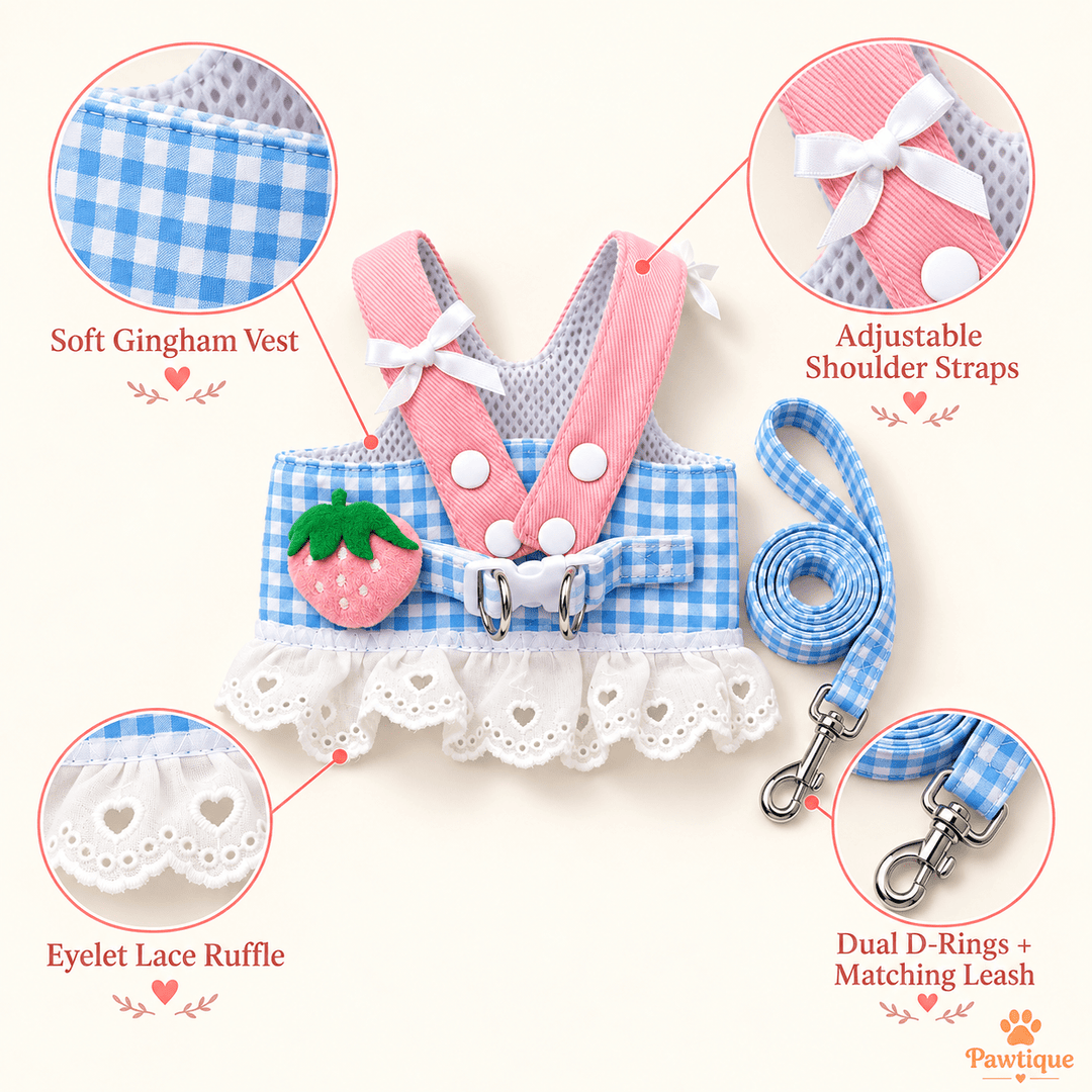 Pawtique BerryLace™ Gingham Dog Harness &amp; Leash Set - Pawtique
