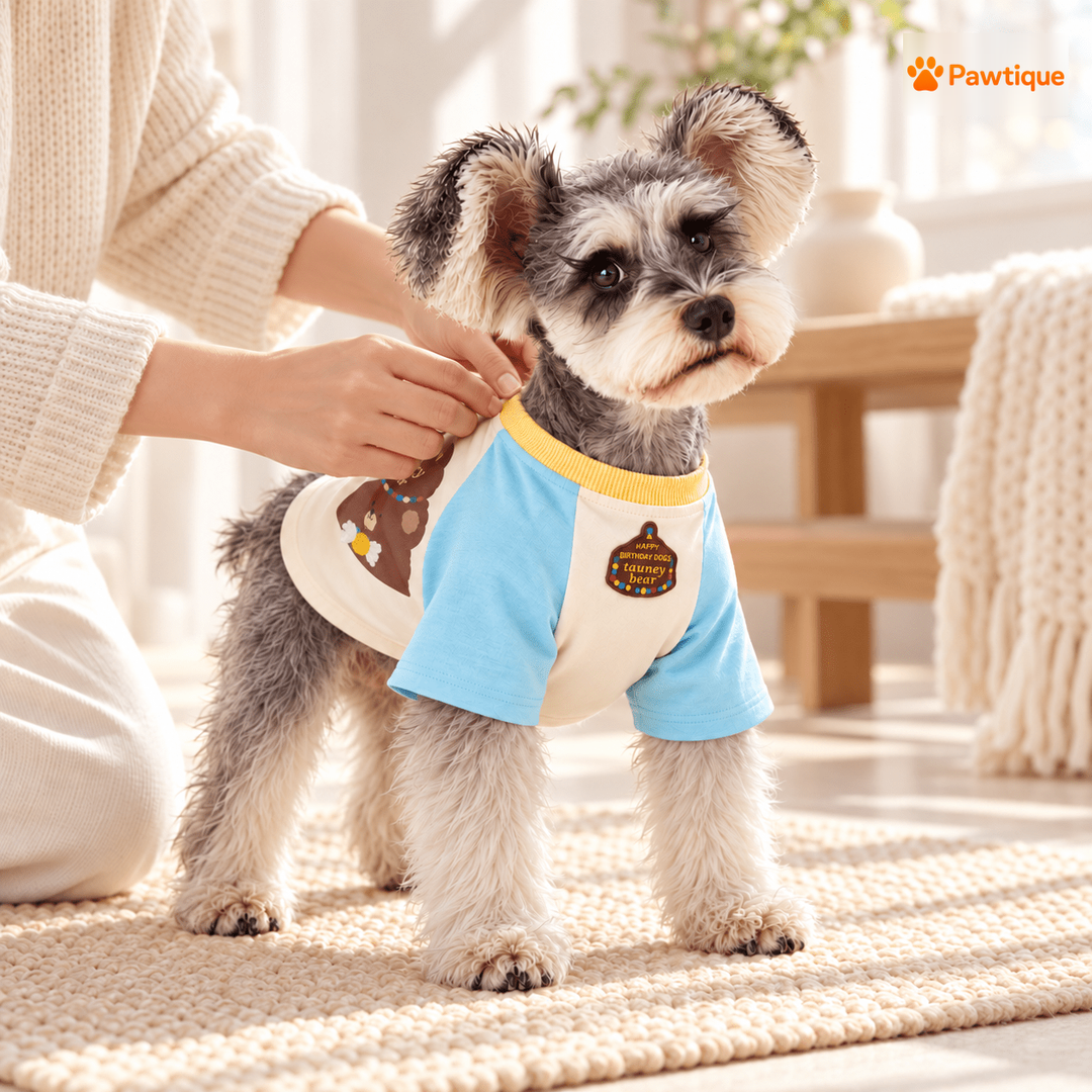 Owner helping a dog wear the Birthday Bear T-shirt
