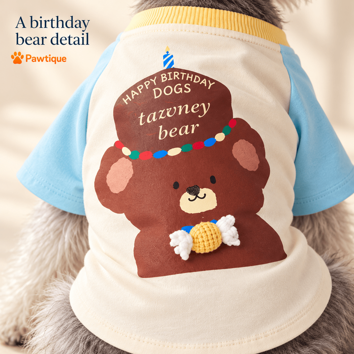 Original birthday bear graphic and sewn candy-shaped detail on the T-shirt