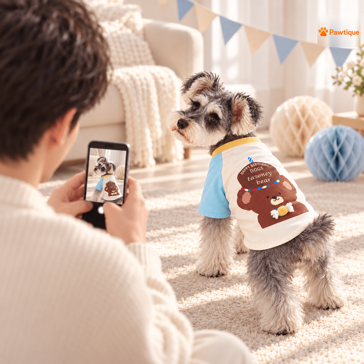 Owner photographing a dog wearing the Birthday Bear T-shirt; party props not included