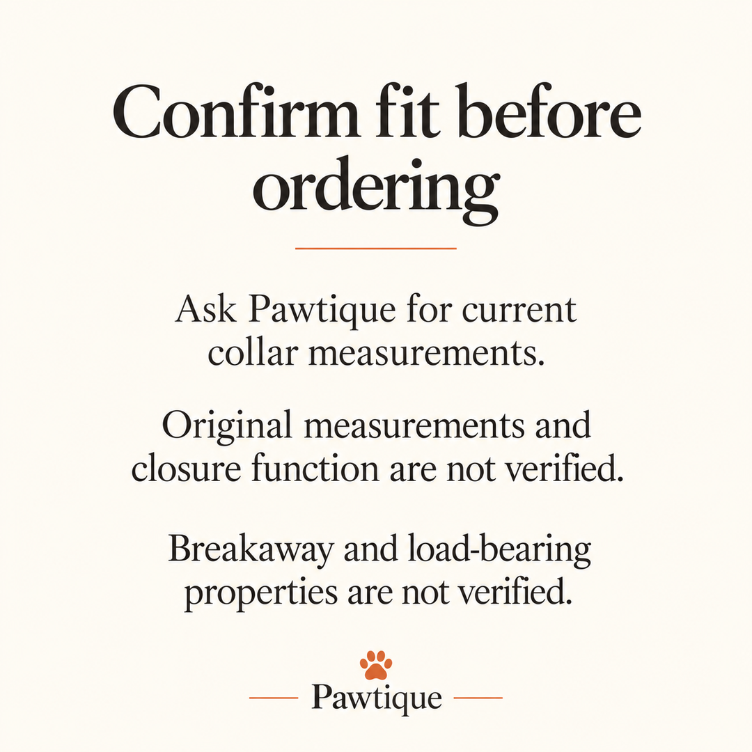 Confirm current BloomCharm collar measurements with Pawtique before ordering; closure, breakaway and load-bearing properties are unverified.
