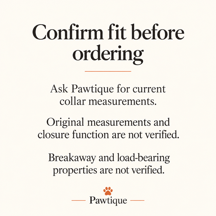 Confirm current BloomCharm collar measurements with Pawtique before ordering; closure, breakaway and load-bearing properties are unverified.