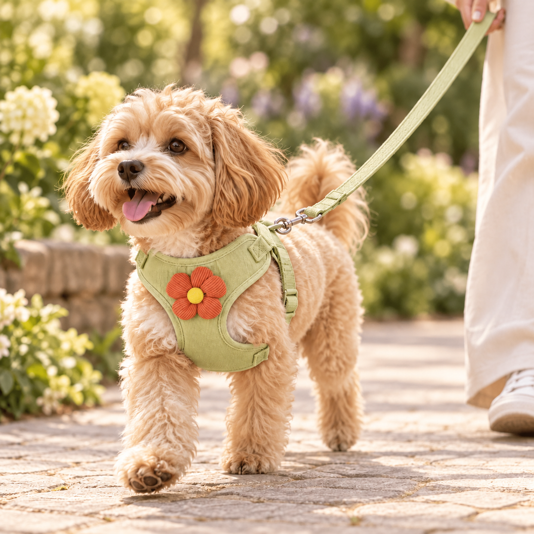 Dog wearing green BloomCord corduroy flower harness with matching leash