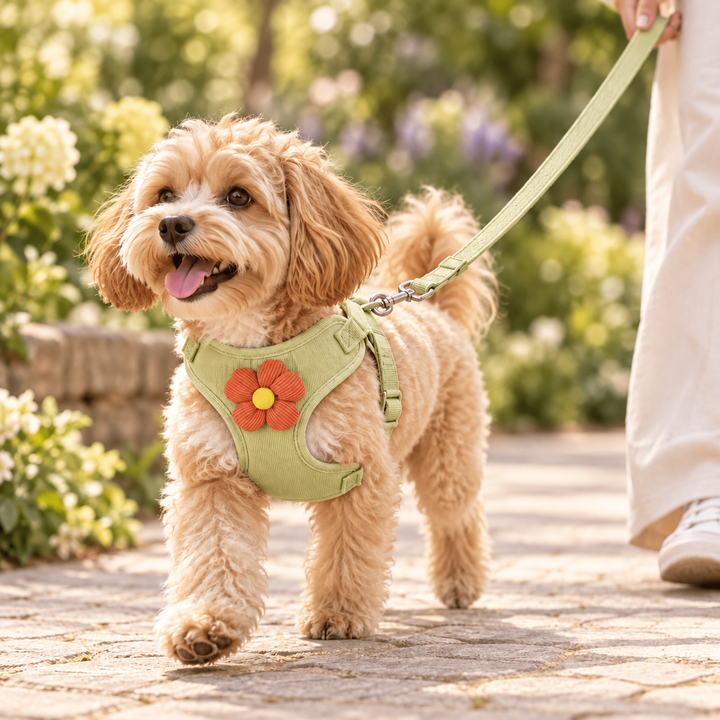 Dog wearing green BloomCord corduroy flower harness with matching leash