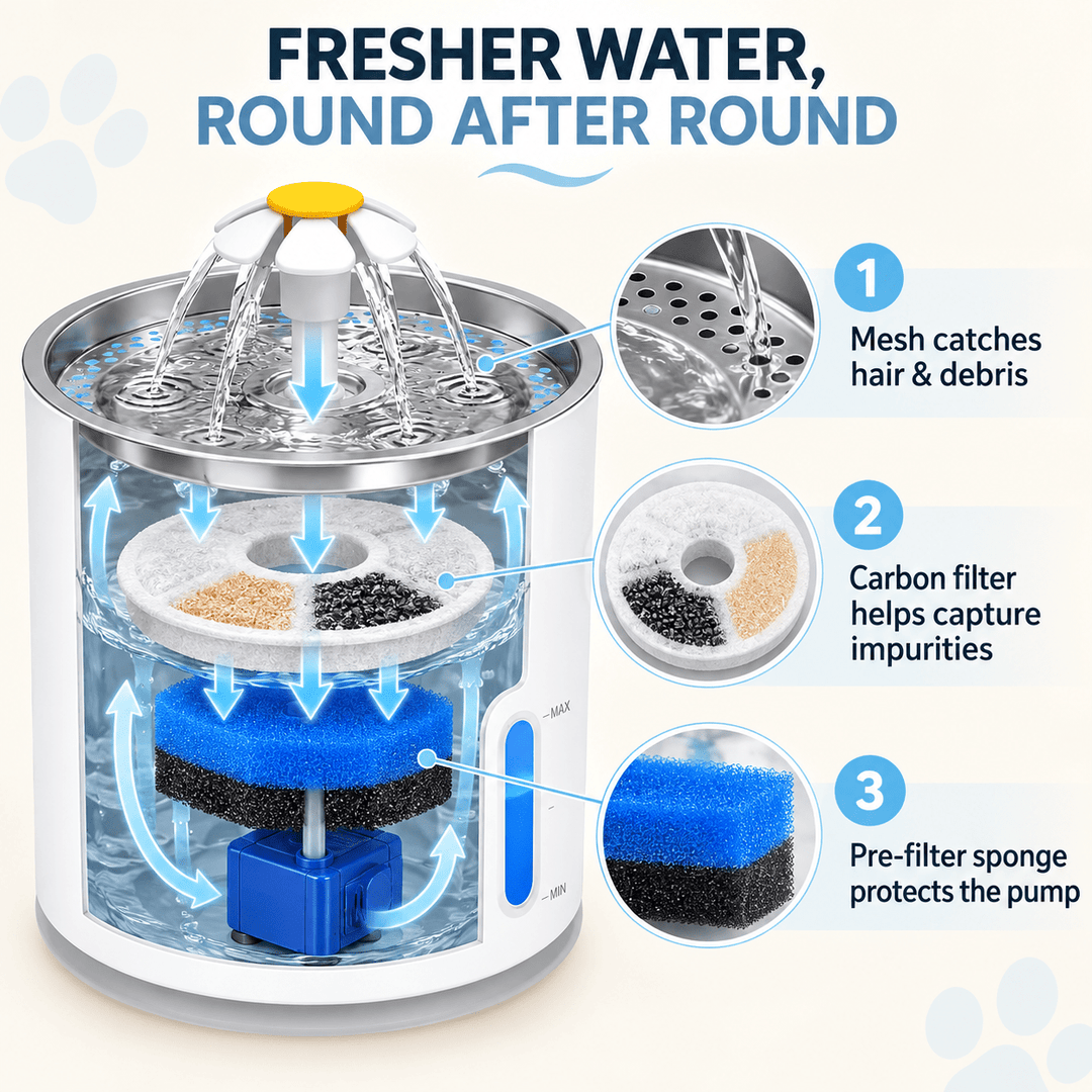 Pawtique BloomFlow™ 2.4L Stainless Steel Pet Fountain - Pawtique