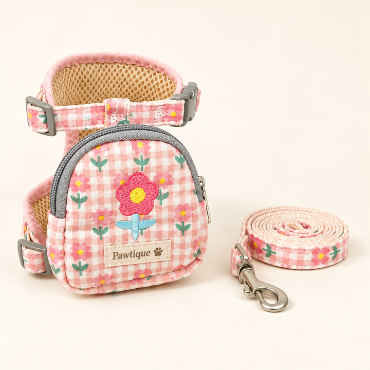 Pawtique BloomPack floral gingham harness pouch and leash set in pink