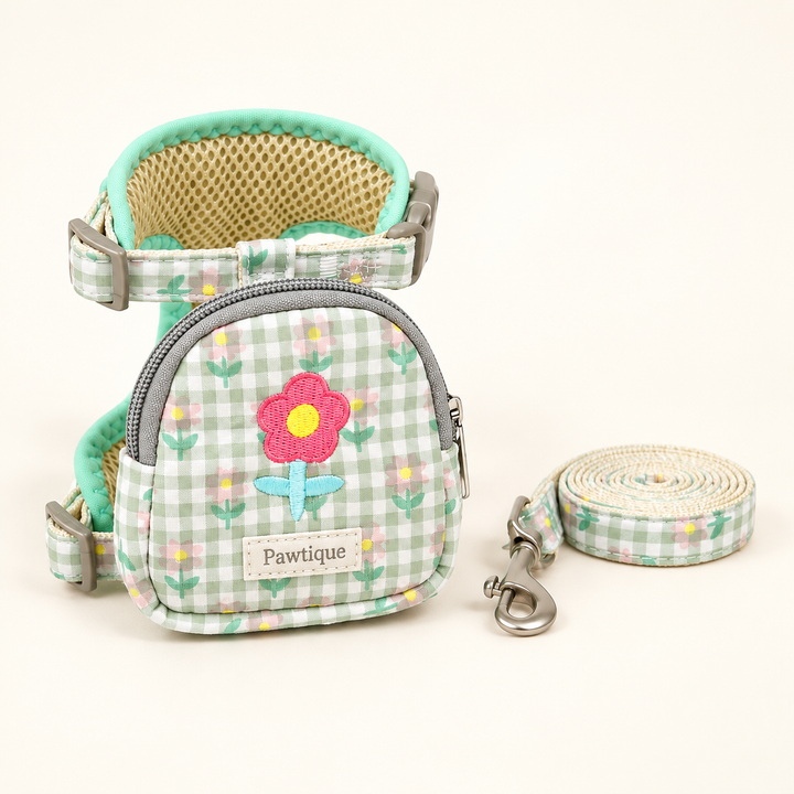 Pawtique BloomPack floral gingham harness pouch and leash set in green