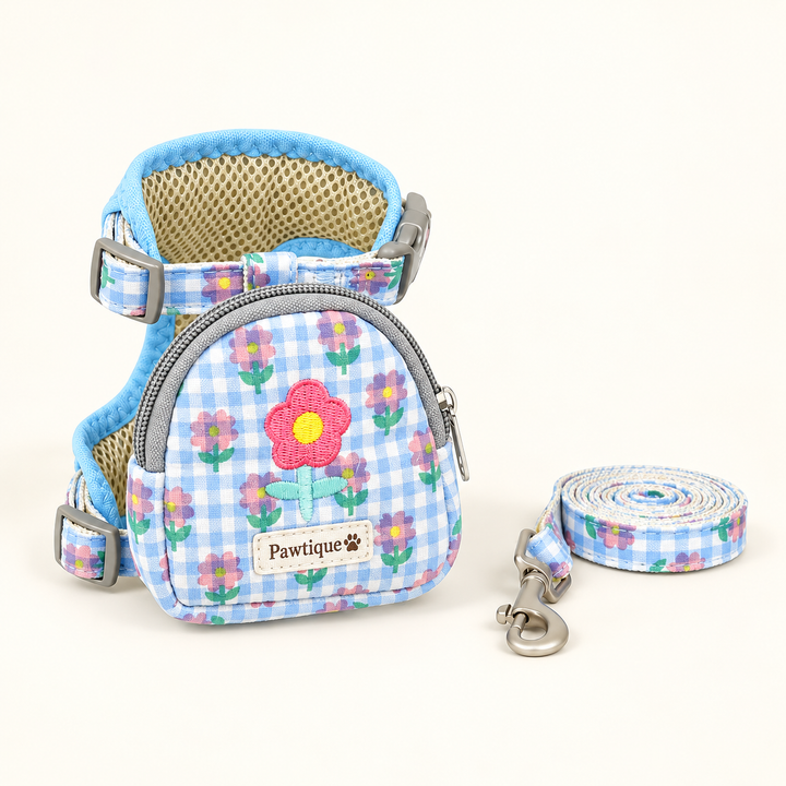 Pawtique BloomPack floral gingham harness pouch and leash set in blue