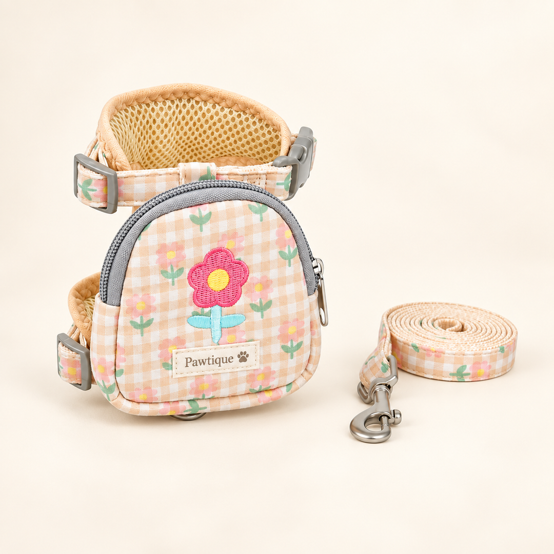 Pawtique BloomPack floral gingham harness pouch and leash set in apricot