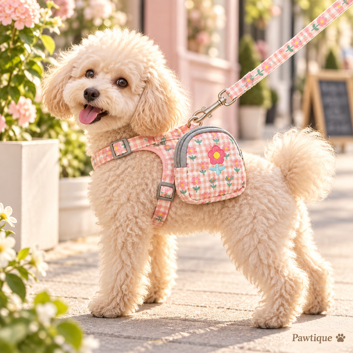 Small dog wearing the pink Pawtique floral harness with zippered pouch and matching leash