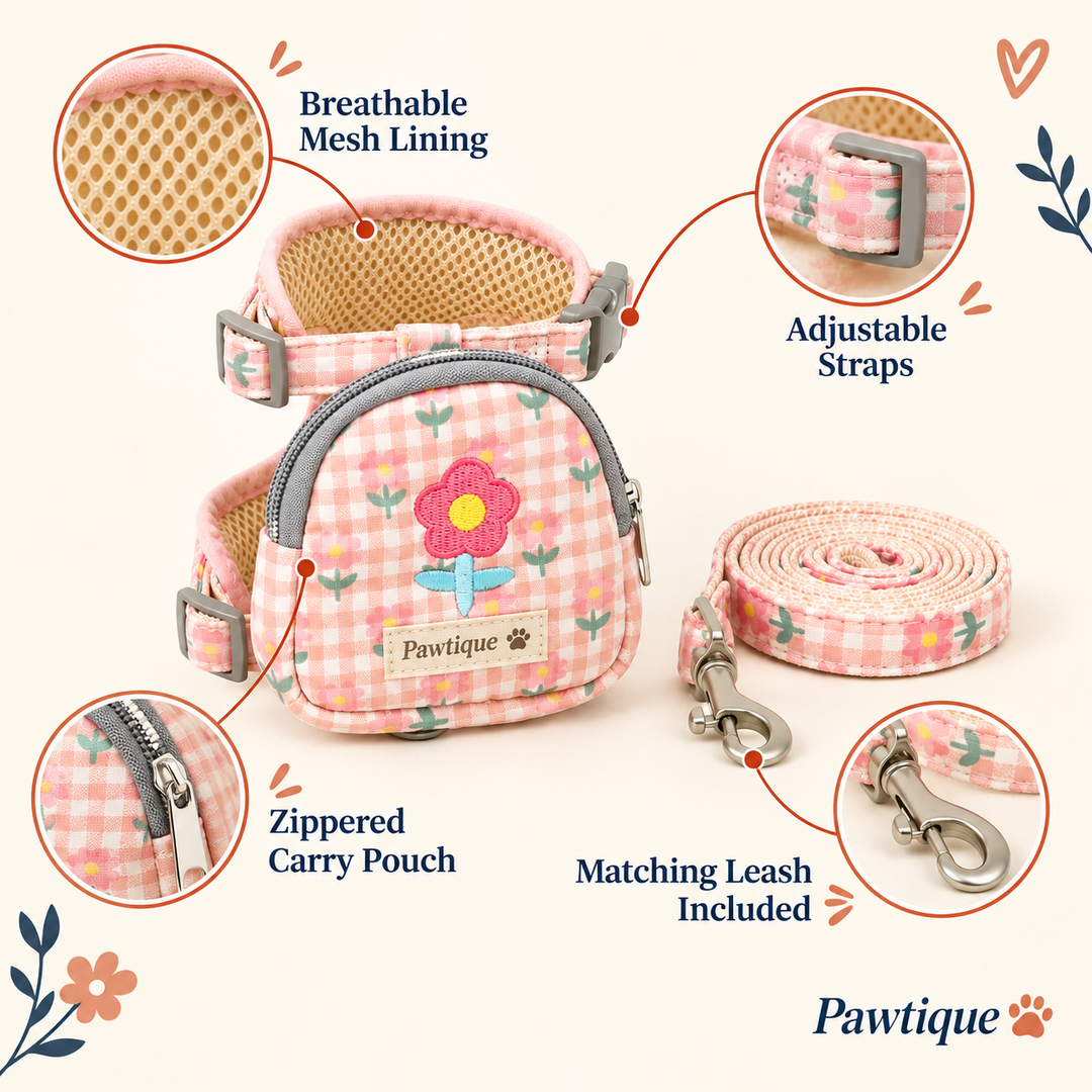 Pawtique floral harness pouch and leash set feature guide